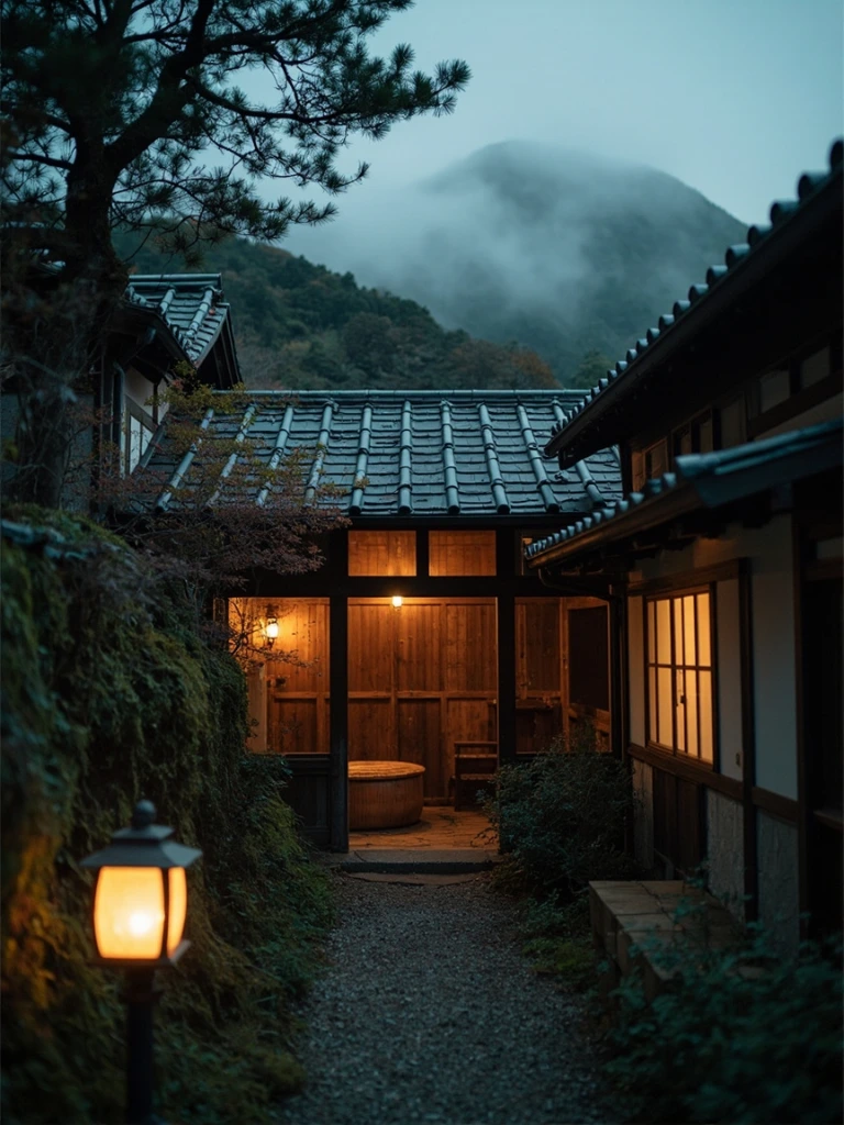 A ryokan courtyard in Hakone at dusk with a stone lantern glowing