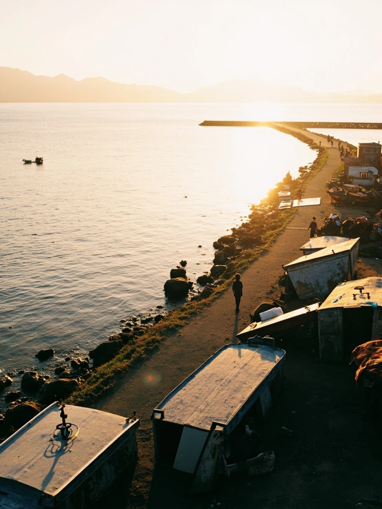 The San'in coast fishing harbor in Tottori at golden hour