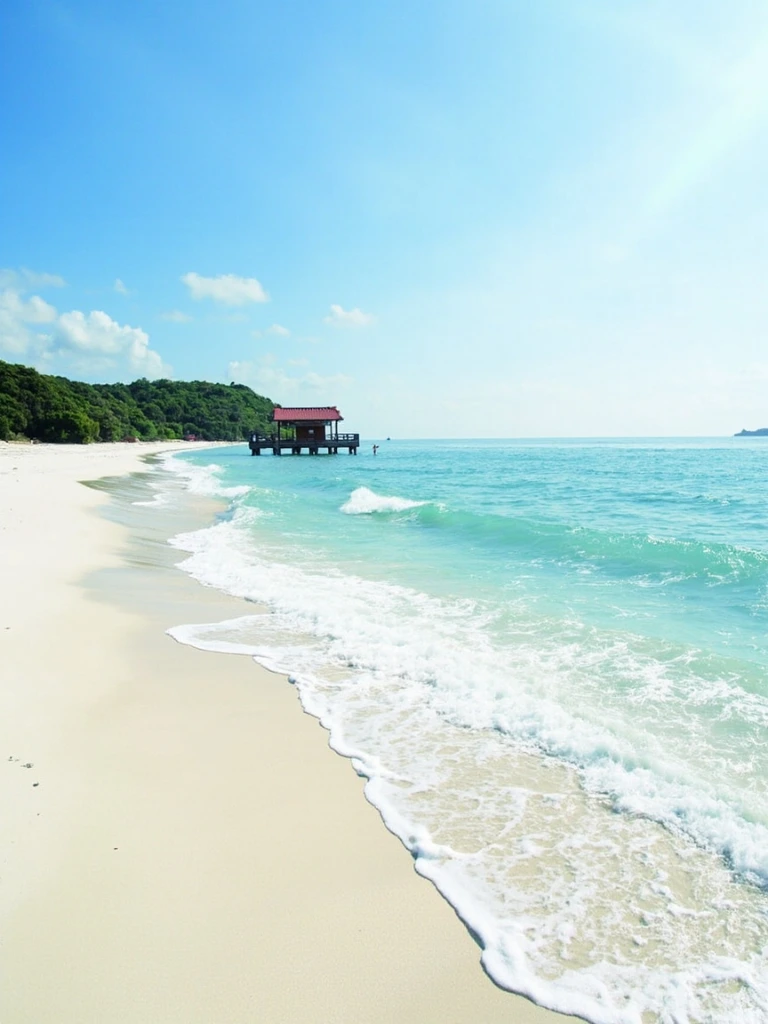 A remote Okinawa island beach at dawn with a single red-tiled house
