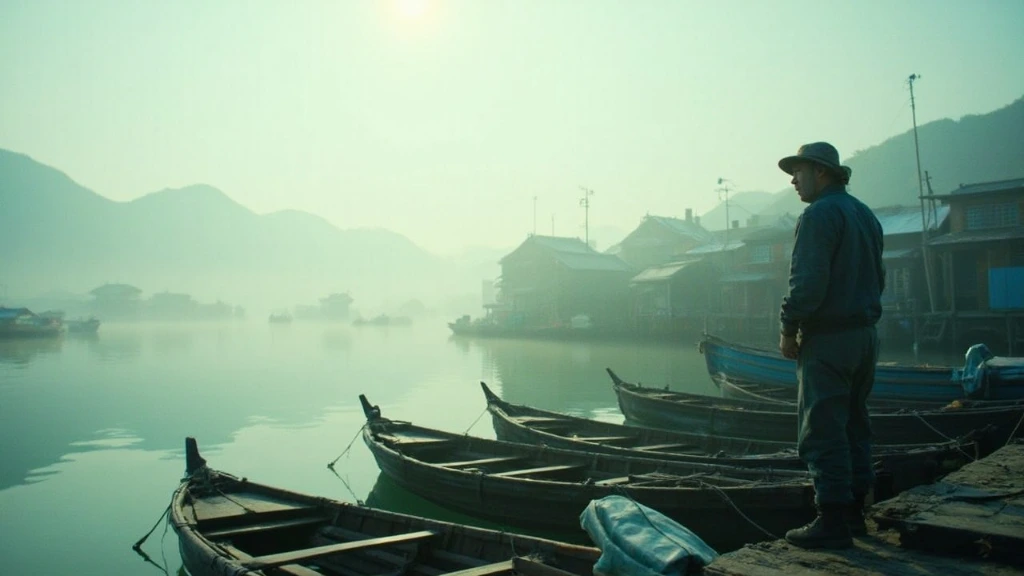 A misty fishing harbor at first light in a small Japanese coastal town