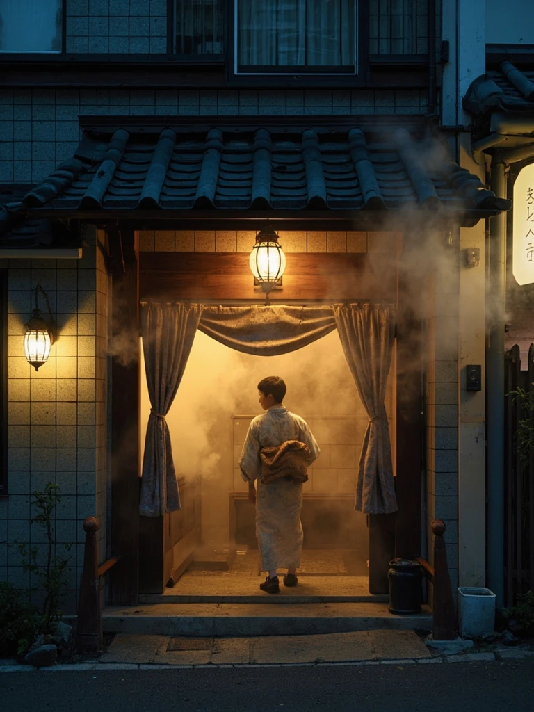 A traditional sento bathhouse entrance at dusk